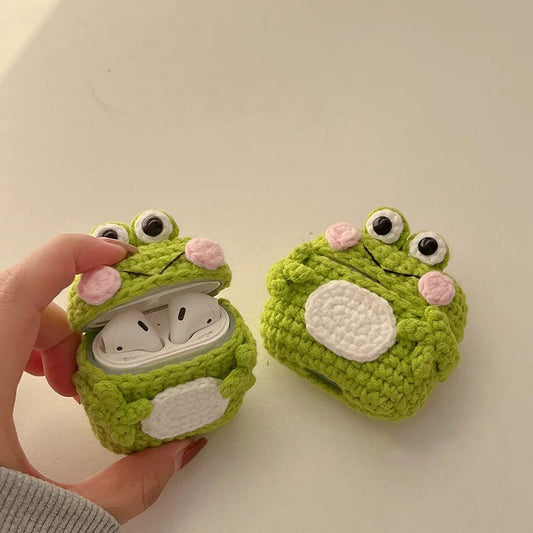 LOVELY GREEN FROG AirPods Knitted Case for Gen 1, 2, 3, Pro, Pro 2 - Adorable Plush Doll Earphone Cover